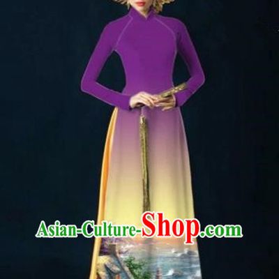 Traditional Top Grade Asian Vietnamese Costumes Dance Dress, Vietnam National Women Ao Dai Dress Printing View Purple Cheongsam Clothing