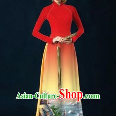 Traditional Top Grade Asian Vietnamese Costumes Dance Dress, Vietnam National Women Ao Dai Dress Printing View Red Cheongsam Clothing