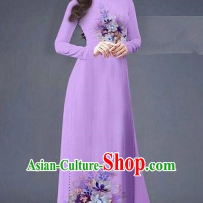 Traditional Top Grade Asian Vietnamese Costumes Dance Dress, Vietnam National Women Ao Dai Dress Printing Flowers Long Purple Cheongsam Clothing