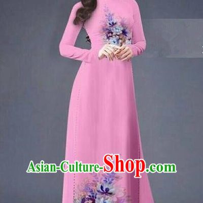 Traditional Top Grade Asian Vietnamese Costumes Dance Dress, Vietnam National Women Ao Dai Dress Printing Flowers Long Rose Cheongsam Clothing