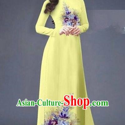 Traditional Top Grade Asian Vietnamese Costumes Dance Dress, Vietnam National Women Ao Dai Dress Printing Flowers Long Yellow Cheongsam Clothing