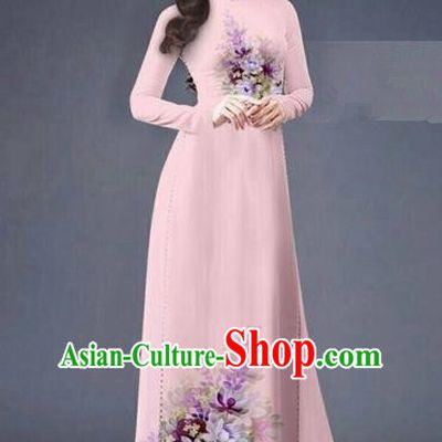 Traditional Top Grade Asian Vietnamese Costumes Dance Dress, Vietnam National Women Ao Dai Dress Printing Flowers Long Pink Cheongsam Clothing