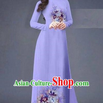 Traditional Top Grade Asian Vietnamese Costumes Dance Dress, Vietnam National Women Ao Dai Dress Printing Flowers Long Light Purple Cheongsam Clothing