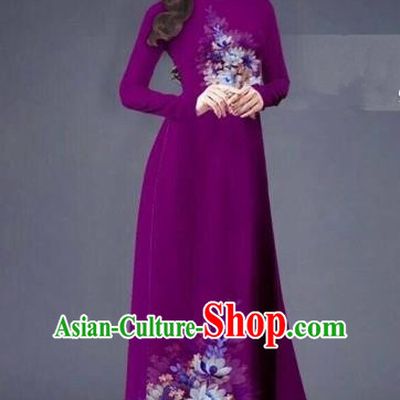 Traditional Top Grade Asian Vietnamese Costumes Dance Dress, Vietnam National Women Ao Dai Dress Printing Flowers Long Wine Red Cheongsam Clothing