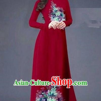 Traditional Top Grade Asian Vietnamese Costumes Dance Dress, Vietnam National Women Ao Dai Dress Printing Flowers Long Red Cheongsam Clothing