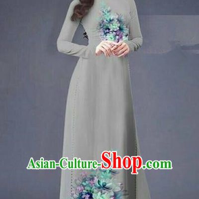 Traditional Top Grade Asian Vietnamese Costumes Dance Dress, Vietnam National Women Ao Dai Dress Printing Flowers Long Grey Cheongsam Clothing