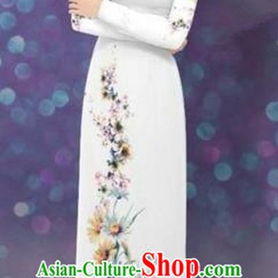 Traditional Top Grade Asian Vietnamese Costumes Dance Dress, Vietnam National Women Ao Dai Dress Printing Daisy Blue Flowers Long White Cheongsam Clothing