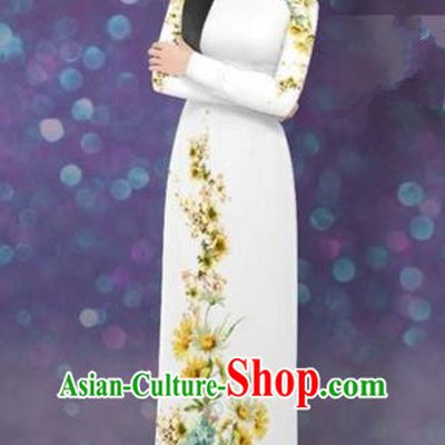 Traditional Top Grade Asian Vietnamese Costumes Dance Dress, Vietnam National Women Ao Dai Dress Printing Daisy Yellow Flowers Long White Cheongsam Clothing