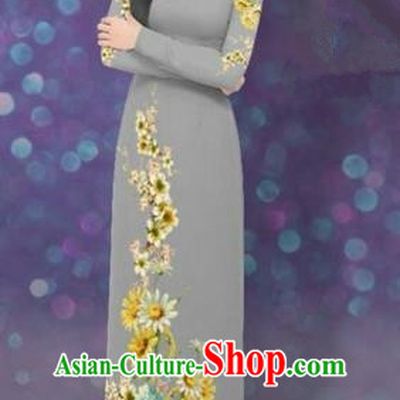 Traditional Top Grade Asian Vietnamese Costumes Dance Dress, Vietnam National Women Ao Dai Dress Printing Daisy Flowers Long Grey Cheongsam Clothing