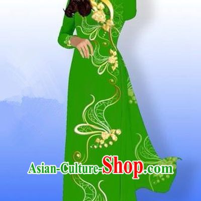 Traditional Top Grade Asian Vietnamese Costumes Dance Dress and Loose Pants, Vietnam National Women Ao Dai Dress Printing Long Green Cheongsam Clothing Complete Set