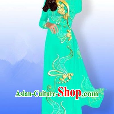 Traditional Top Grade Asian Vietnamese Costumes Dance Dress and Loose Pants, Vietnam National Women Ao Dai Dress Printing Long Bright Green Cheongsam Clothing Complete Set
