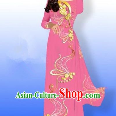 Traditional Top Grade Asian Vietnamese Costumes Dance Dress and Loose Pants, Vietnam National Women Ao Dai Dress Printing Long Rose Cheongsam Clothing Complete Set
