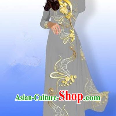 Traditional Top Grade Asian Vietnamese Costumes Dance Dress and Loose Pants, Vietnam National Women Ao Dai Dress Printing Long Grey Cheongsam Clothing Complete Set