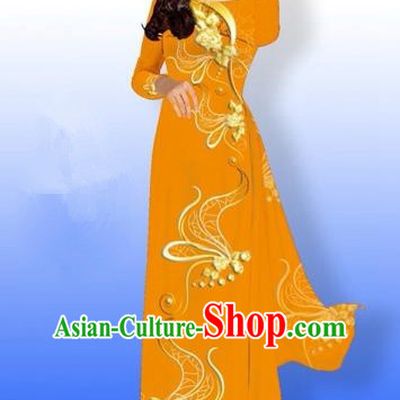 Traditional Top Grade Asian Vietnamese Costumes Dance Dress and Loose Pants, Vietnam National Women Ao Dai Dress Printing Long Orange Cheongsam Clothing Complete Set