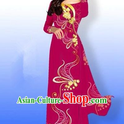 Traditional Top Grade Asian Vietnamese Costumes Dance Dress and Loose Pants, Vietnam National Women Ao Dai Dress Printing Long Cheongsam Clothing Complete Set