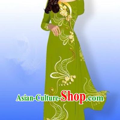 Traditional Top Grade Asian Vietnamese Costumes Dance Dress and Loose Pants, Vietnam National Women Ao Dai Dress Printing Long Olive Green Cheongsam Clothing Complete Set