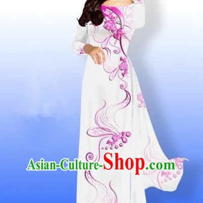 Traditional Top Grade Asian Vietnamese Costumes Dance Dress and Loose Pants, Vietnam National Women Ao Dai Dress Printing Long White Cheongsam Clothing Complete Set