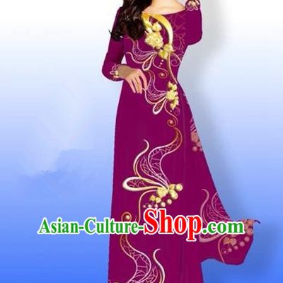 Traditional Top Grade Asian Vietnamese Costumes Dance Dress and Loose Pants, Vietnam National Women Ao Dai Dress Printing Long Amaranth Cheongsam Clothing Complete Set