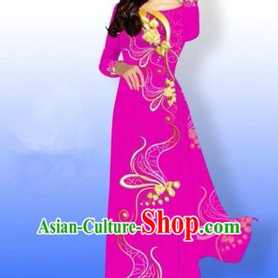 Traditional Top Grade Asian Vietnamese Costumes Dance Dress and Loose Pants, Vietnam National Women Ao Dai Dress Printing Long Rose Cheongsam Clothing Complete Set