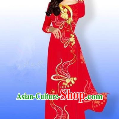 Traditional Top Grade Asian Vietnamese Costumes Dance Dress and Loose Pants, Vietnam National Women Ao Dai Dress Printing Long Red Cheongsam Clothing Complete Set