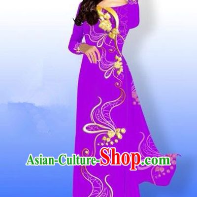 Traditional Top Grade Asian Vietnamese Costumes Dance Dress and Loose Pants, Vietnam National Women Ao Dai Dress Printing Long Purple Cheongsam Clothing Complete Set