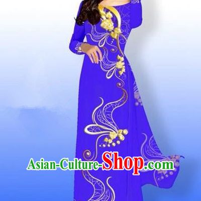Traditional Top Grade Asian Vietnamese Costumes Dance Dress and Loose Pants, Vietnam National Women Ao Dai Dress Printing Long Blue Purple Cheongsam Clothing Complete Set