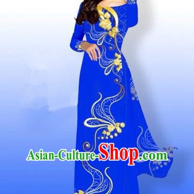 Traditional Top Grade Asian Vietnamese Costumes Dance Dress and Loose Pants, Vietnam National Women Ao Dai Dress Printing Long Royalblue Cheongsam Clothing Complete Set