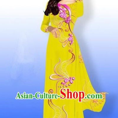 Traditional Top Grade Asian Vietnamese Costumes Dance Dress and Loose Pants, Vietnam National Women Ao Dai Dress Printing Long Yellow Cheongsam Clothing Complete Set