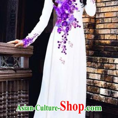 Traditional Top Grade Asian Vietnamese Costumes Dance Dress, Vietnam National Women Ao Dai Dress Printing Purple Flowers White Cheongsam Clothing