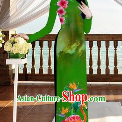 Traditional Top Grade Asian Vietnamese Costumes, Vietnam National Ao Dai Dress Printing Flowers Crane Green Qipao for Women