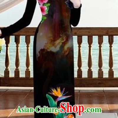 Traditional Top Grade Asian Vietnamese Costumes, Vietnam National Ao Dai Dress Printing Flowers Crane Black Qipao for Women