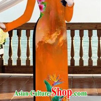 Traditional Top Grade Asian Vietnamese Costumes, Vietnam National Ao Dai Dress Printing Flowers Crane Orange Qipao for Women