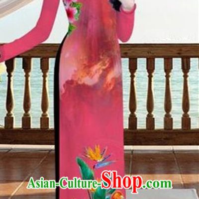 Traditional Top Grade Asian Vietnamese Costumes, Vietnam National Ao Dai Dress Printing Flowers Crane Light Red Qipao for Women
