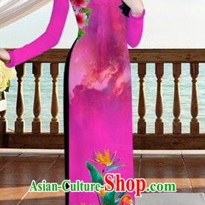 Traditional Top Grade Asian Vietnamese Costumes, Vietnam National Ao Dai Dress Printing Flowers Crane Rose Qipao for Women