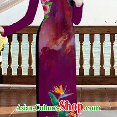 Traditional Top Grade Asian Vietnamese Costumes, Vietnam National Ao Dai Dress Printing Flowers Crane Amaranth Qipao for Women