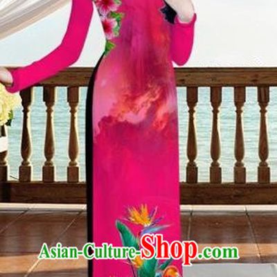 Traditional Top Grade Asian Vietnamese Costumes, Vietnam National Ao Dai Dress Printing Flowers Crane Pink Qipao for Women