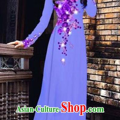 Traditional Top Grade Asian Vietnamese Costumes Dance Dress, Vietnam National Women Ao Dai Dress Printing Purple Flowers Blue Cheongsam Clothing