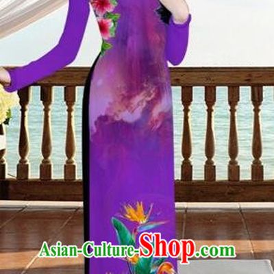 Traditional Top Grade Asian Vietnamese Costumes, Vietnam National Ao Dai Dress Printing Flowers Crane Purple Qipao for Women