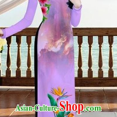 Traditional Top Grade Asian Vietnamese Costumes, Vietnam National Ao Dai Dress Printing Flowers Crane Light Purple Qipao for Women