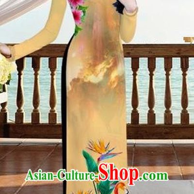 Traditional Top Grade Asian Vietnamese Costumes, Vietnam National Ao Dai Dress Printing Flowers Crane Khaki Qipao for Women
