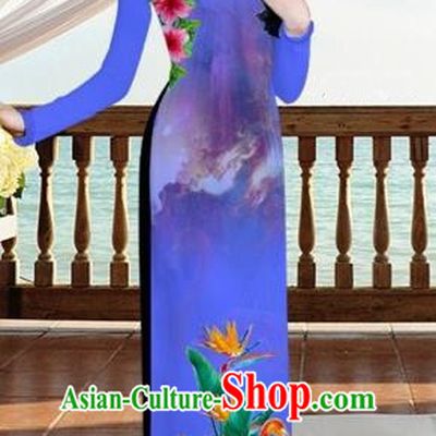 Traditional Top Grade Asian Vietnamese Costumes, Vietnam National Ao Dai Dress Printing Flowers Crane Bluish Violet Qipao for Women