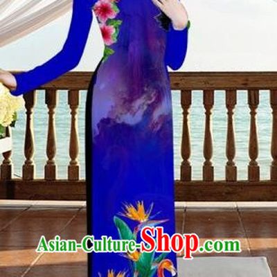 Traditional Top Grade Asian Vietnamese Costumes, Vietnam National Ao Dai Dress Printing Flowers Crane Royalblue Qipao for Women
