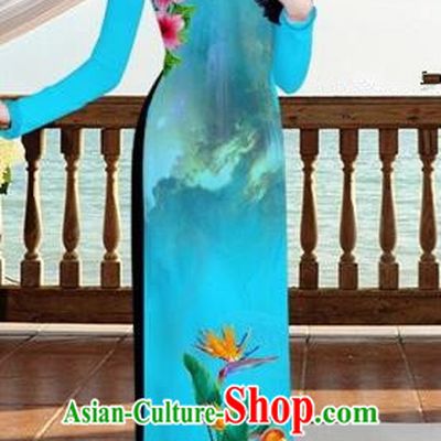 Traditional Top Grade Asian Vietnamese Costumes, Vietnam National Ao Dai Dress Printing Flowers Crane Peacock Blue Qipao for Women