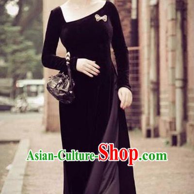 Traditional Top Grade Asian Vietnamese Costumes Full Dress, Vietnam National Ao Dai Dress Pleuche Black Qipao for Women