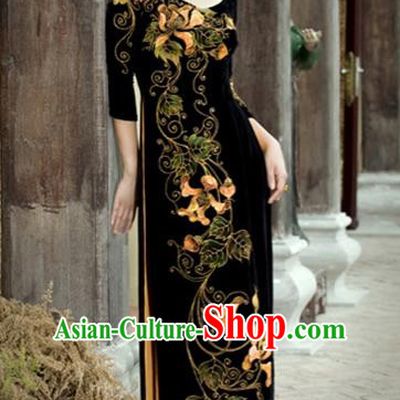 Traditional Top Grade Asian Vietnamese Costumes Embroidery Full Dress, Vietnam National Ao Dai Dress Black Qipao for Women