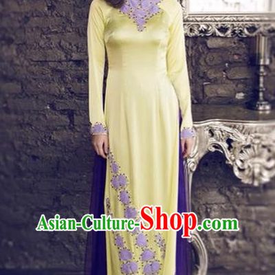 Traditional Top Grade Asian Vietnamese Costumes Hand Embroidery Full Dress, Vietnam National Ao Dai Dress Yellow Qipao for Women
