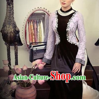 Traditional Top Grade Asian Vietnamese Costumes Handmade Full Dress, Vietnam National Ao Dai Dress Lace Pleuche Qipao for Women