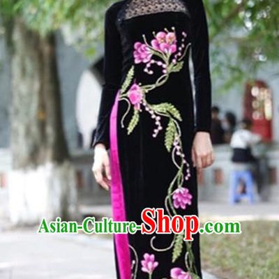 Traditional Top Grade Asian Vietnamese Costumes Handmade Embroidery Full Dress, Vietnam National Ao Dai Dress Qipao for Women
