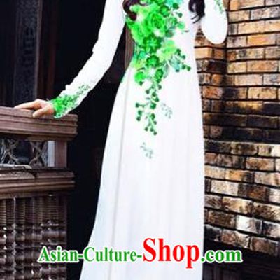 Traditional Top Grade Asian Vietnamese Costumes Dance Dress, Vietnam National Women Ao Dai Dress Printing Green Flowers White Cheongsam Clothing