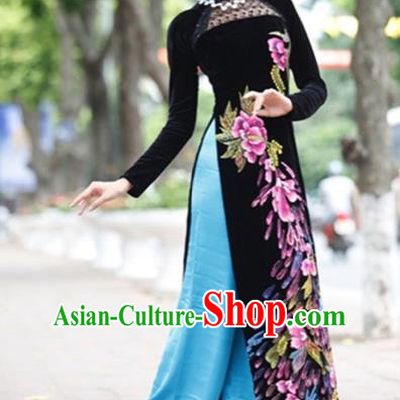 Traditional Top Grade Asian Vietnamese Costumes Handmade Embroidery Full Dress, Vietnam National Ao Dai Dress Qipao for Women